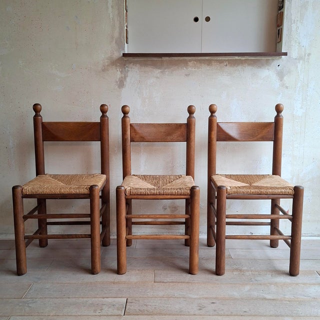 Brutalist Dining Chairs in Wood and Rush, 1970s, Set of 3 For Sale - Image 11 of 11