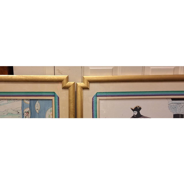 Gold Pair Of Jay Spectre Collections Modern Art Deco Style Watercolors in Original Gold Leaf Frames For Sale - Image 8 of 12