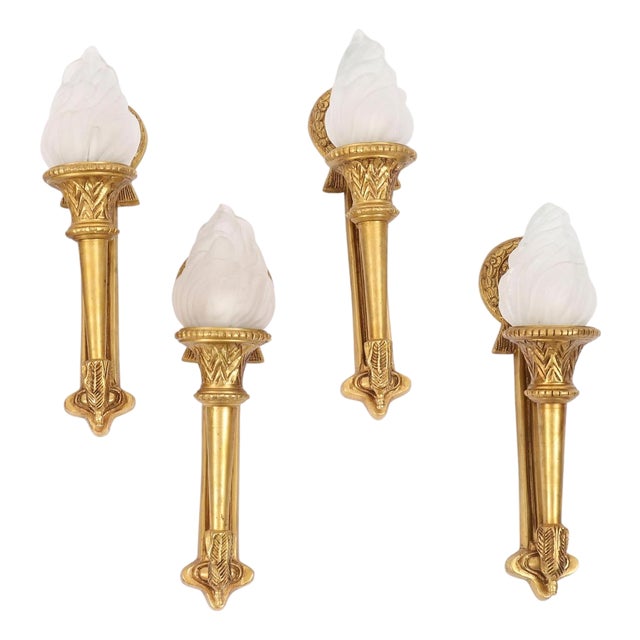 Antique Neo-Classical Ormolu Flaming Torch Wall Lights, 1920s, Set of 4 For Sale