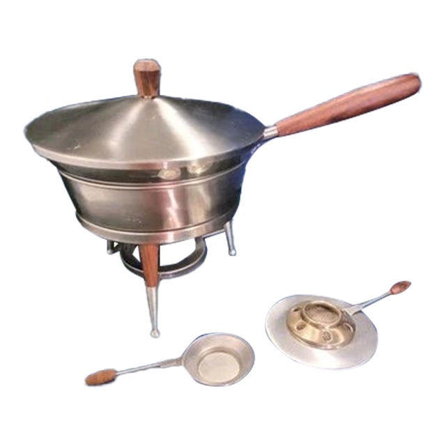 Vintage Mid-Century Modern Stainless Steel & Teak Chafing/Fondue Set - 6 Pc For Sale