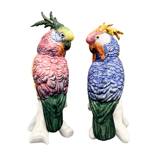 Hollywood Regency Pair of Italian Chelsea House Vintage Hand-Painted Ceramic Cockatoo Parrot Figures – Hollywood Regency / Tropical Revival For Sale - Image 3 of 12