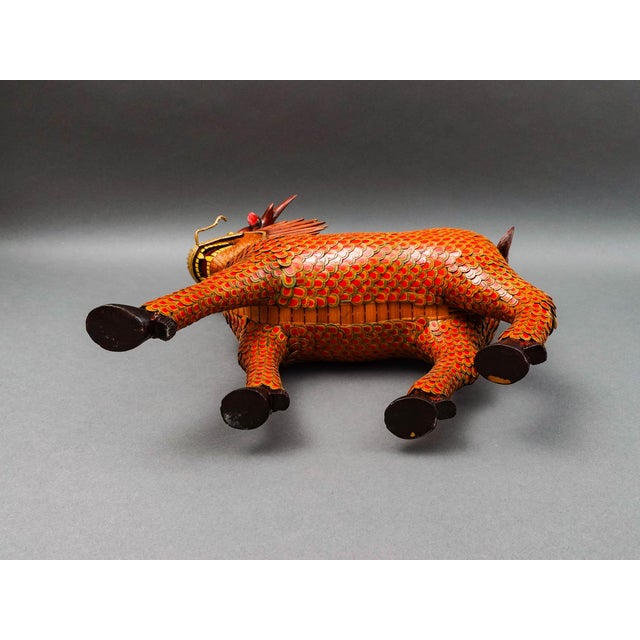 Wood Mid 20th Century Shanghai Handicrafts Vintage Lacquer Wicker Bamboo Longma Dragon Basket For Sale - Image 7 of 10