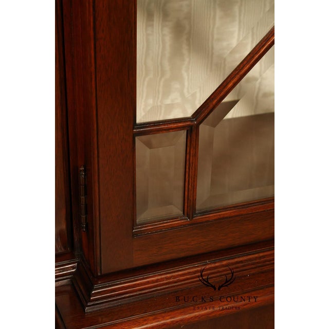 Karges English Style Mahogany Breakfront China Cabinet Display Bookcase with Carved Pediment and Silk Backing For Sale - Image 12 of 18