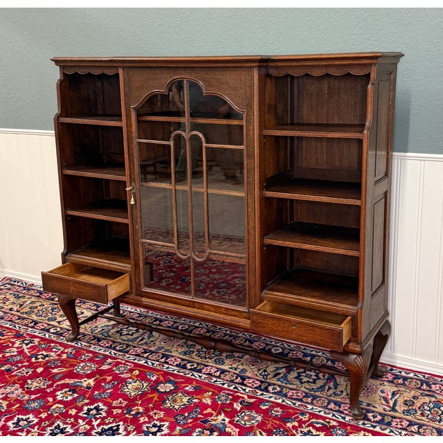 Antique English Bookcase Bookshelf Cabinet Glass Oak Queen Anne Legs 1920s-30s For Sale - Image 11 of 18