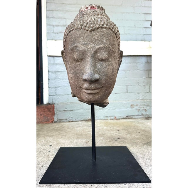 Antique Thai Ayutthaya Style Sandstone Head of Buddha on Metal Stand For Sale - Image 9 of 17