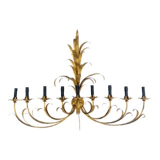 9 "Candles" Light Gilt Metal Sheaf of Leaves Motive Italian Wall Sconce MINT! For Sale