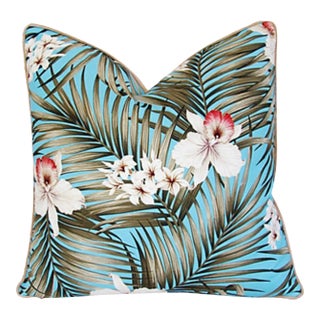 Summer Blue/Teal Tropical Orchid & Palm Feather/Down Pillows 24" Square For Sale