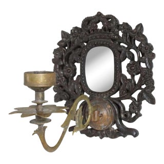 Mid 19th Century Indo-Portuguese Goan Teak, Brass & Mirrored 1-Arm Candle Wall Sconce For Sale
