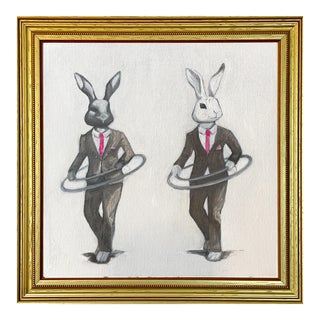 Whimsical Original Oil Painting of Two Hula-Hooping Bunnies by Max and Alma For Sale