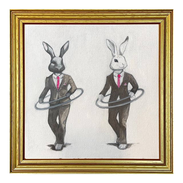 Whimsical Original Oil Painting of Two Hula-Hooping Bunnies by Max and Alma For Sale