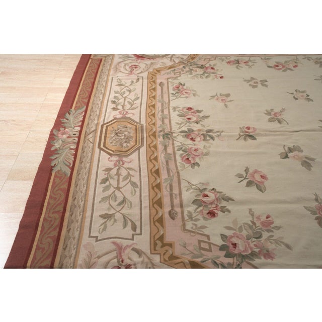 French 12x16 Vintage Aubusson Flat Weave Wool Rug, Louis Philippe Rose Wreath For Sale - Image 3 of 12