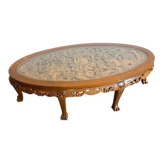 Asian Hand Carved Wooden Coffee Table With Glass Inlay For Sale