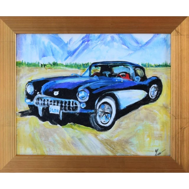 Classic 1957 Chevy Corvette car painting on artist board by artist C.J. Lee. Signed lower right corner. Included are the...
