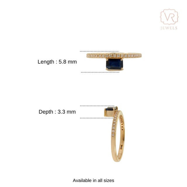 Modern East-West Emerald-Cut Blue Sapphire & Diamond Ring Size 5.5 in 14k Yellow Gold For Sale - Image 12 of 18