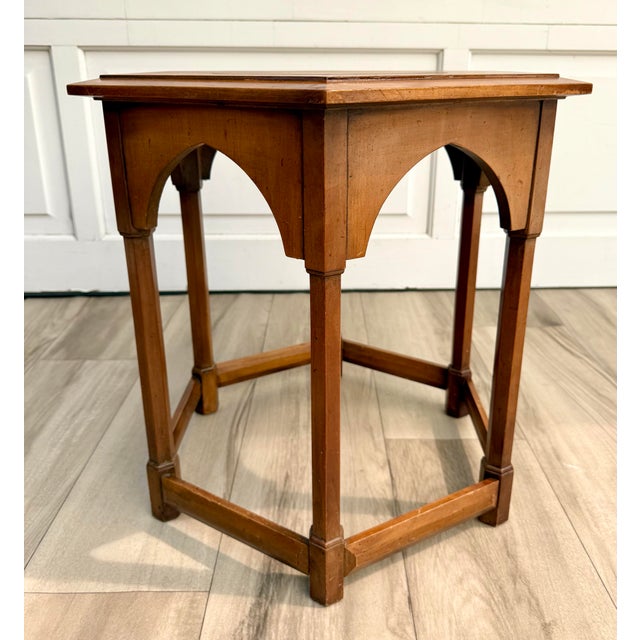 1960s Vintage Hexagonal Traditional Side Table With Burl Wood Top For Sale - Image 5 of 12