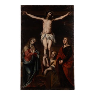 Early 18th Century Original Oil on Canvas Painting of Crucifixion of Christ With Mother Mary, Spain For Sale