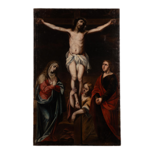 Early 18th Century Original Oil on Canvas Painting of Crucifixion of Christ With Mother Mary, Spain