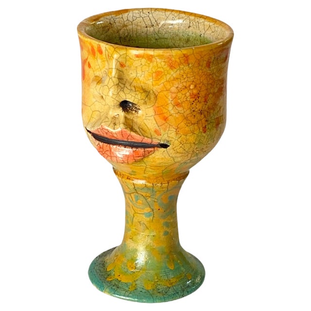 French Raku Chalice in Cracked Ceramic 1960 France Yellow Color For Sale