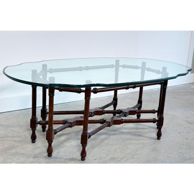Wood Hammary Mahogany Faux Bamboo Coffee Table With Scalloped Glass Top For Sale - Image 7 of 12
