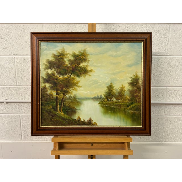 Golden haze settles on calm waters, holding a cottage in quiet reverie 1975 Circa For Sale - Image 14 of 18