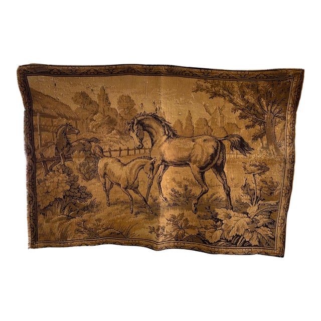 Vintage European Woven Horse Scene Tapestry Wall Hanging For Sale