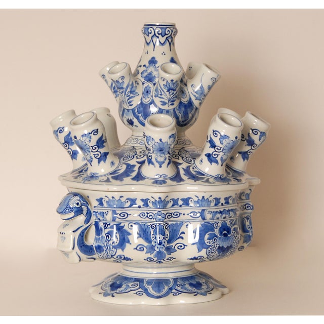 Ceramic Royal Delft Tulip Vase Tulpiere Blue and White Earthenware Dragon Handles For Sale - Image 7 of 15