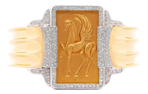 Vintage 22k and 18k Pegasus Motif Bangle Bracelet in Diamond Bezel