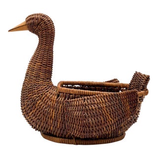 Vintage Boho Chic Wicker Duck Bird Basket For Sale