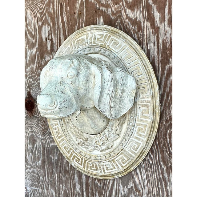 Neoclassical Vintage Boho Greek Key Carved Dog Wall Hanging For Sale - Image 3 of 8
