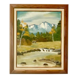 Mid-Century Rustic Americana Elk Wildlife & Scenic Mountain Steam Oil Painting, Signed J. Dirks For Sale