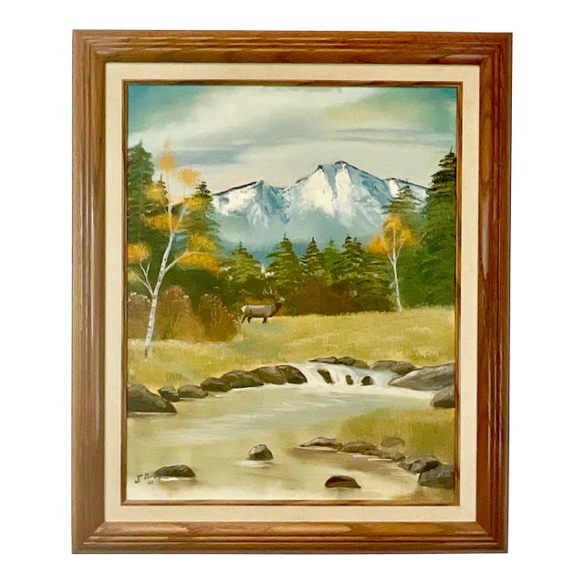 Mid-Century Rustic Americana Elk Wildlife & Scenic Mountain Steam Oil Painting, Signed J. Dirks For Sale