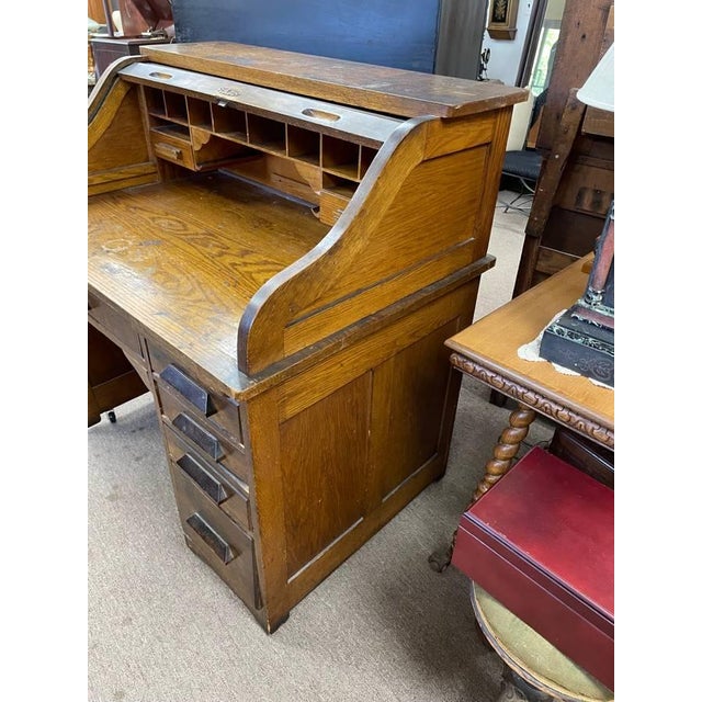 Antique Tiger Oak Roll Top Desk, Accordion Style, 5 Drawers, Solid Wood For Sale In New York - Image 6 of 10