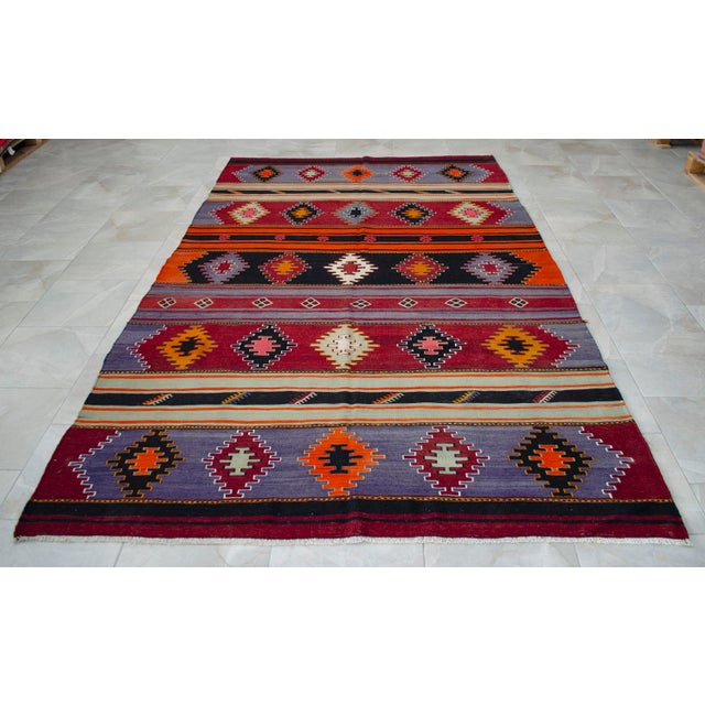 1960s Handwoven Turkish Rug Kilim Tribal Colorful Rug Living Room Decor - 6′1″ X 10′3″ For Sale - Image 14 of 16