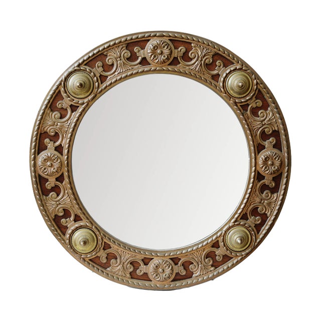 Antique Round Mirror Wanamaker-Phila, Walnut, Brass and Red Bronze For Sale