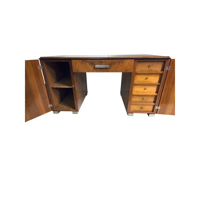 1930s 1930s Exceptional French Burl Walnut + Nickel Bronze Executive Office Desk / Writing Table/ Bureau Plat For Sale - Image 5 of 18