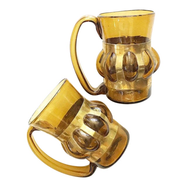 Large Hand Blown Mid Century Modern Brass Glass Coffee Beer Mugs Set