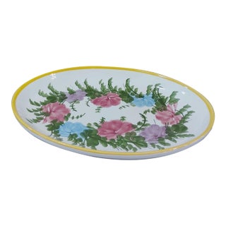 1970s Gary Valenti Hand Painted Floral Ceramic Oval Serving Platter Made in Italy For Sale