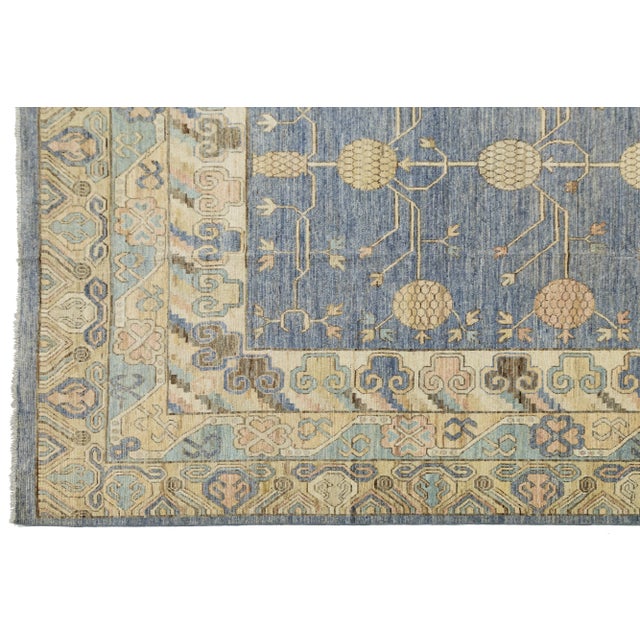 13 X 19 Blue Modern Khotan Style Handmade Wool Rug With Allover Pattern For Sale In New York - Image 6 of 10