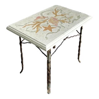 Vintage Coastal Hand Painted Cast Concrete Side Table For Sale