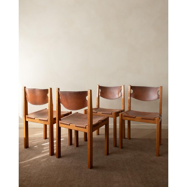 Brutalist Elm and Leather Dining Chairs from Maison Regain, 1970s, Set of 4 For Sale - Image 16 of 16