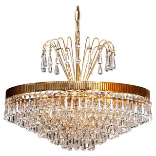 24-Carat Gold-Plated and Faceted Crystal Chandelier by Rejmyre, Sweden, 1960s For Sale