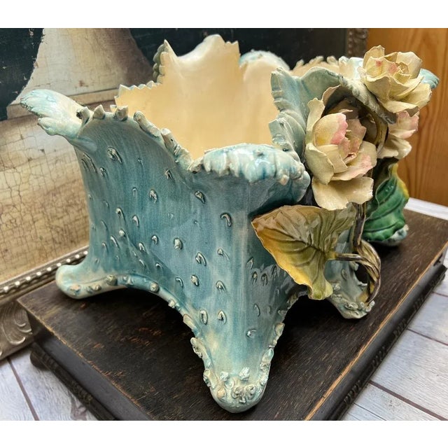 Ceramic 1880's Antique Victorian Era French Barbotine Majolica Planter With Hand Sculpted & Applied 3-Dimens For Sale - Image 7 of 12