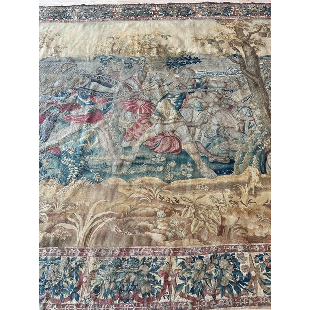 17th Century Fine Brussels Tapestry, Silk Wool, Green, Blue, Red, Battle Scene For Sale - Image 12 of 18