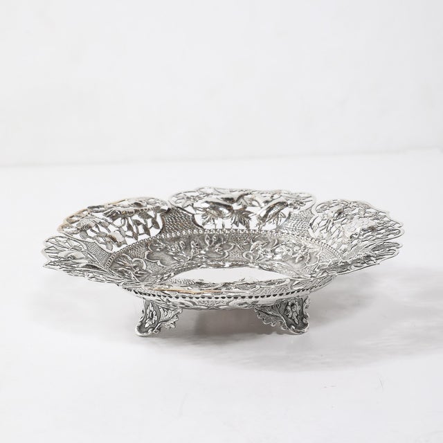 Metal Aesthetic Movement Sterling Repouse Flora & Fauna Dish Signed Pau Kuang For Sale - Image 7 of 15