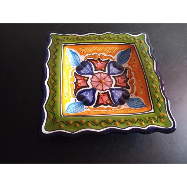 Yellow Vintage Hand-Painted Talavera Mexico Square Bowl For Sale - Image 8 of 8