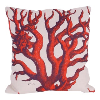 Linen Pillow With Red Coral Motif For Sale