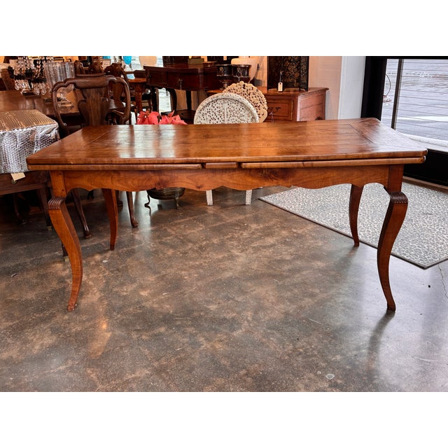 19th Century French Cherry Extension Farm Table With Cabriole Legs For Sale - Image 6 of 16