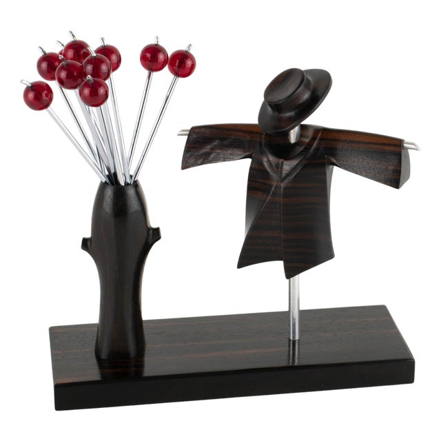 1930s Art Deco Cocktail Picks with Chrome and Macassar Wood Scarecrow For Sale
