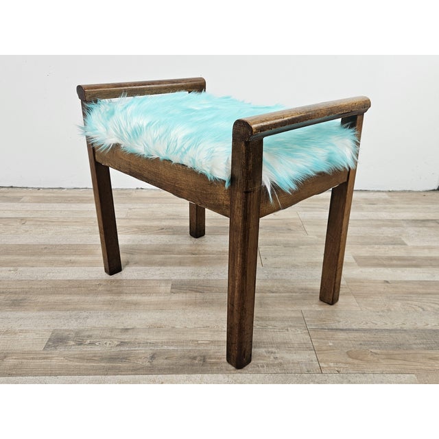 Art Deco Stool in Walnut and Blue Fur, 1940 For Sale - Image 3 of 15
