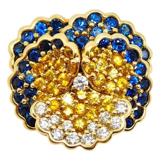 1990s Jean Vitau 18k Yellow Gold Sapphire and Diamond Pansy Brooch For Sale